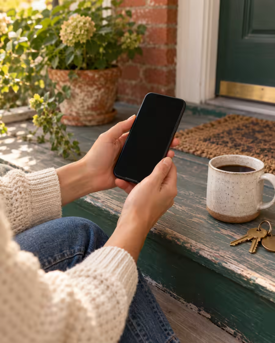 A customer holds a phone on a porch step beside a coffee mug and house keys