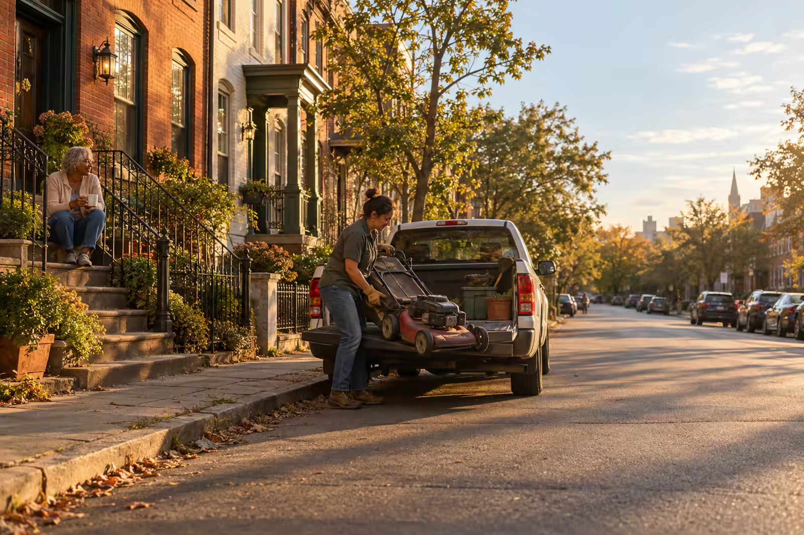 A brick rowhouse street at golden hour; a lawn pro lifts a mower from her truck while a neighbour watches from a stoop