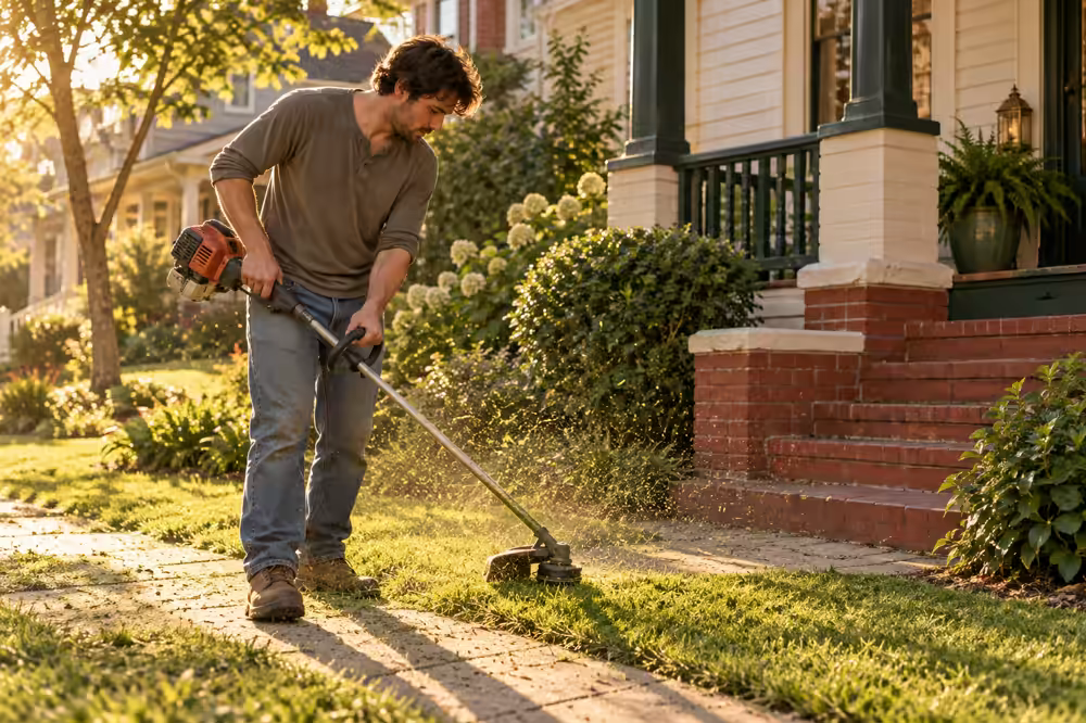 A lawn pro edges a small front lawn beside painted steps