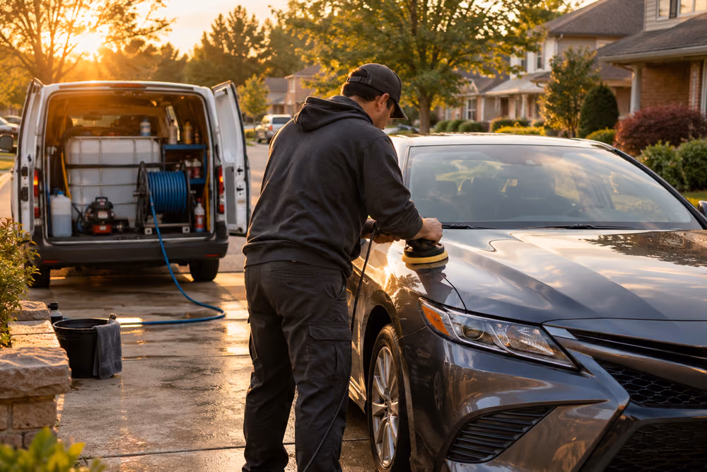 A mobile detailer polishes a car bonnet beside a service van in low sun