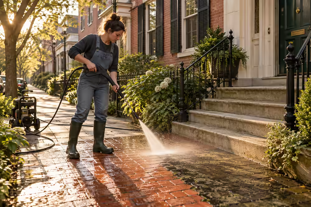 A washer clears a brick front walk, half of it already clean
