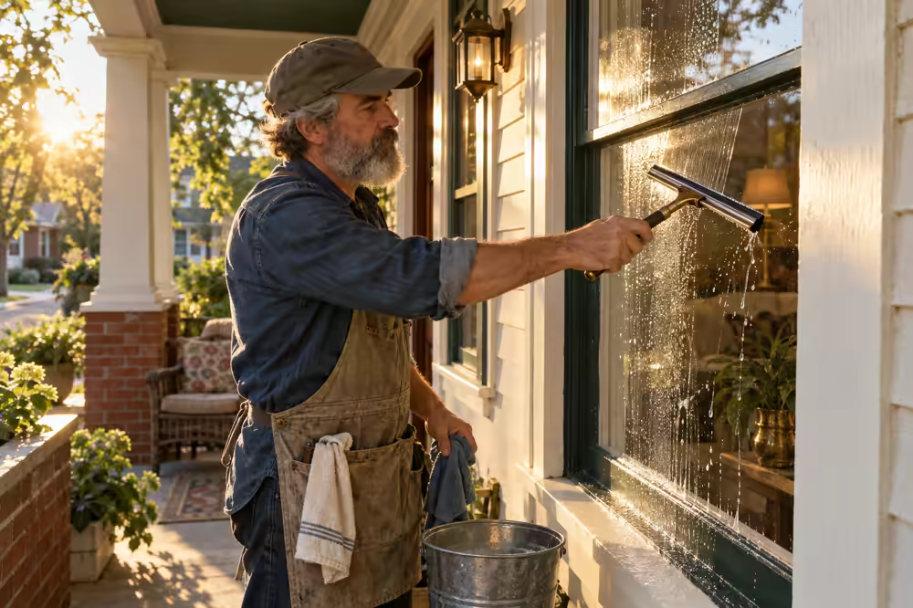 A window cleaner draws a squeegee across a porch window in low sun